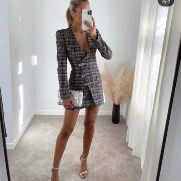 Zara Tweed Textured Blazer Dress Jewel Pins Sz Small Blogger Favorite NWOT - Picture 4 of 10